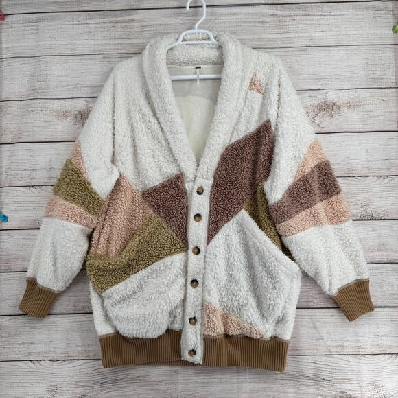 Free People Selma Cardi Colorblock Sherpa Cardigan Sweater Womens L White Brown - Picture 1 of 14